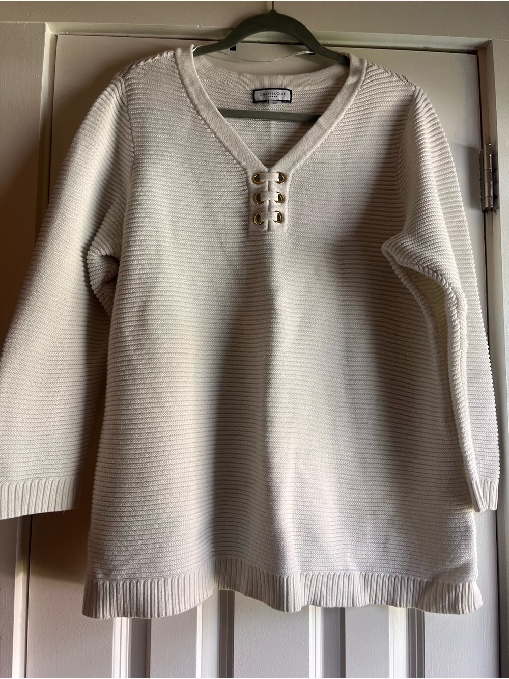 Charter Club Woman Cream V-Neck Grommet Knit Sweater Plus Size 2X